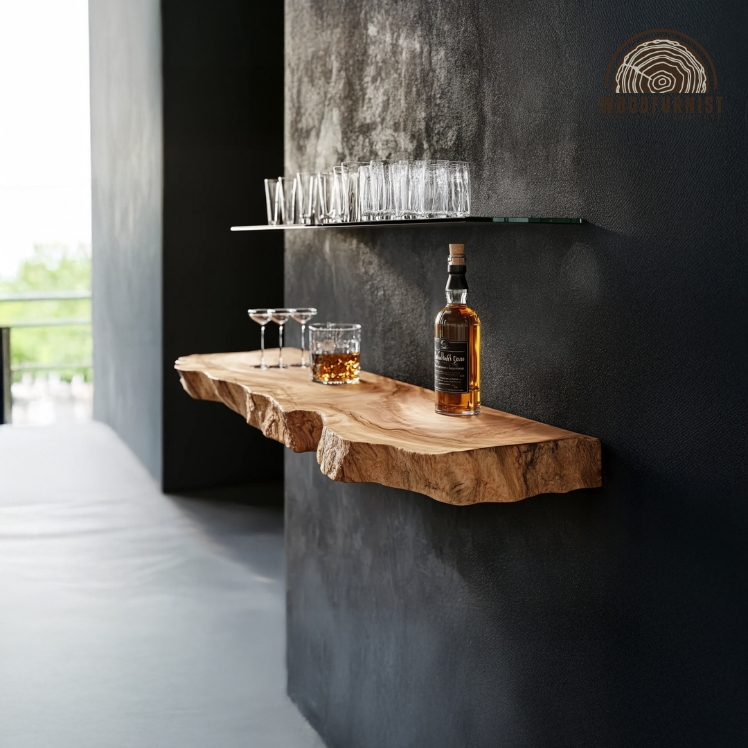 Live Edge Floating Bar Shelf – Solid Wood Wall-Mounted Whiskey & Liquor Display Shelf WFNVA0018