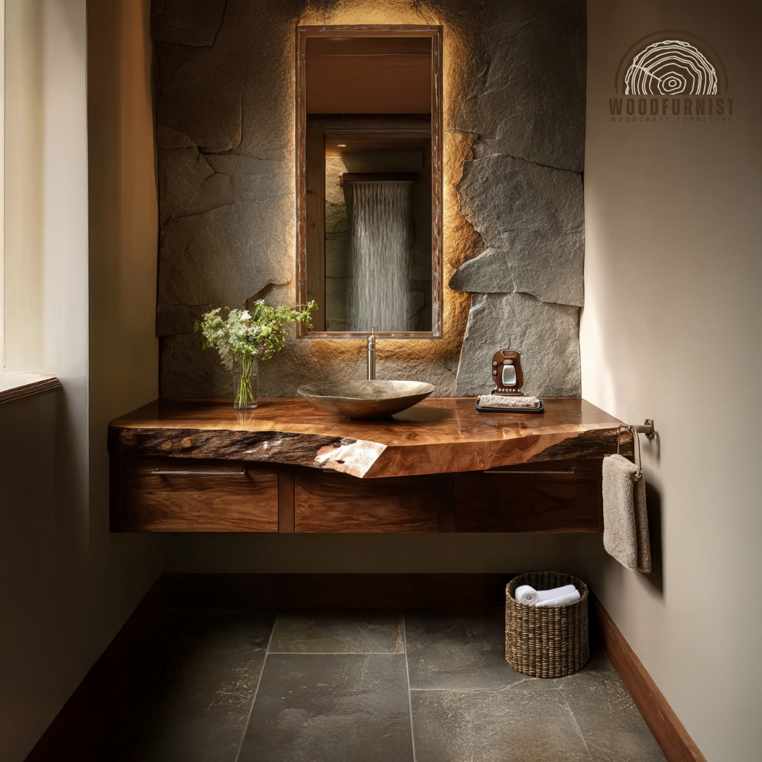 Statement Floating Bathroom Vanity – Natural Wood Live Edge Vanity for Luxury Bathroom