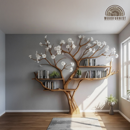 Standing Tree Bookshelf – Handmade Tree-Shaped Wooden Shelf with Decorative Branches WFNED0168