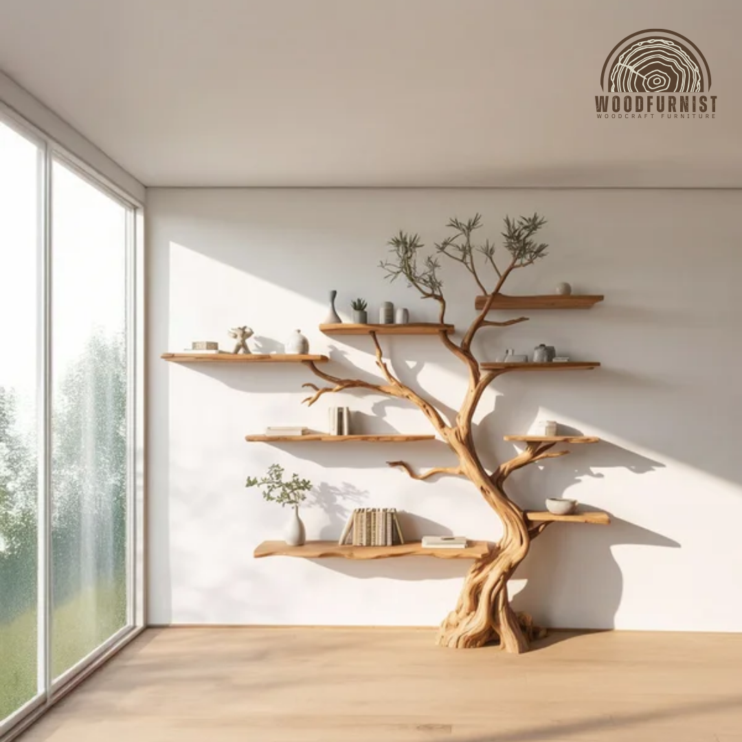 Wooden Standing Tree Bookshelf – Artistic Tree-Shaped Shelf for Living Room & Study WFNED0163