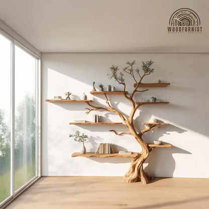 Wooden Standing Tree Bookshelf – Artistic Tree-Shaped Shelf for Living Room & Study WFNED0163
