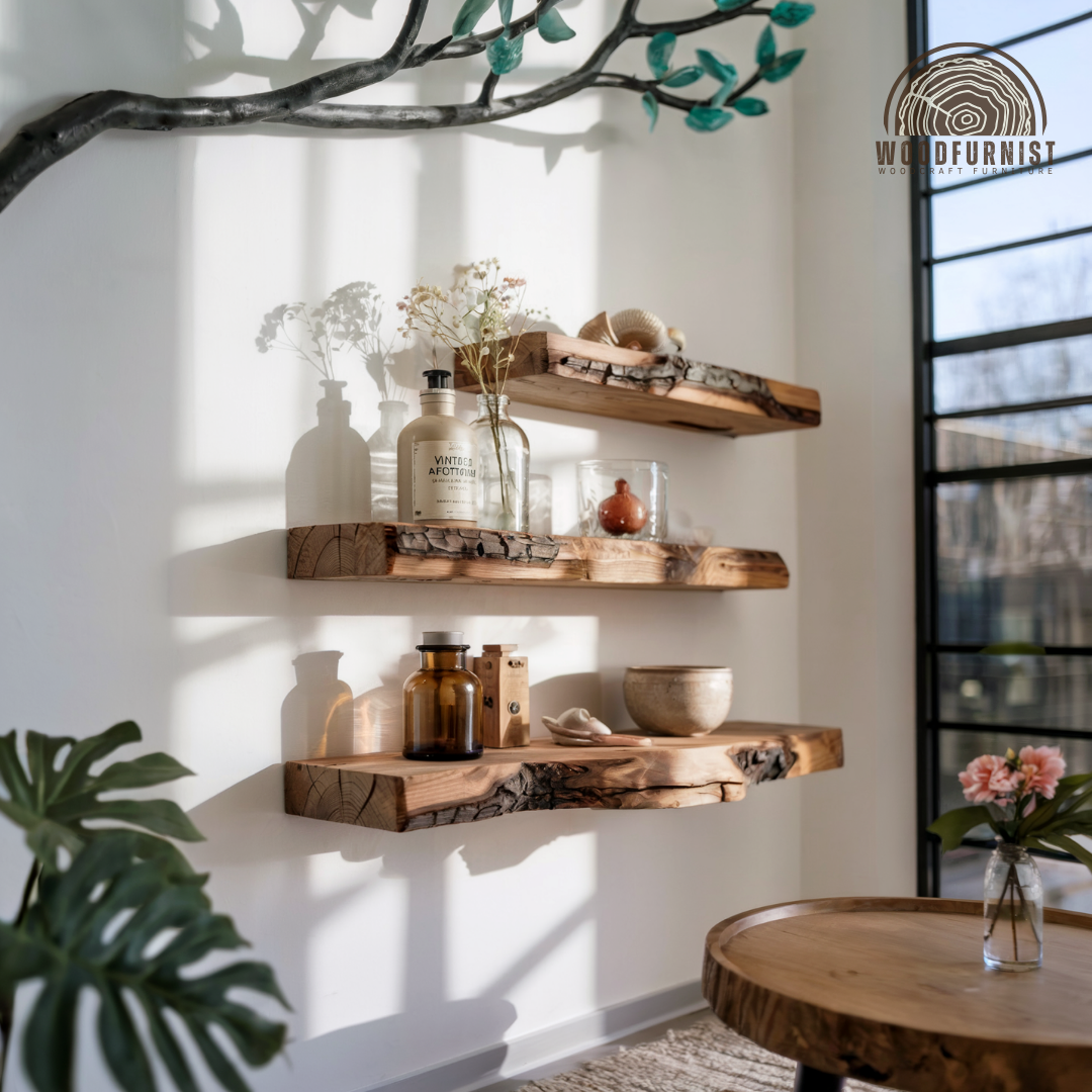 Live Edge Floating Shelves – Handmade Solid Wood Wall Shelves – Rustic Natural Home Decor WFNED0108