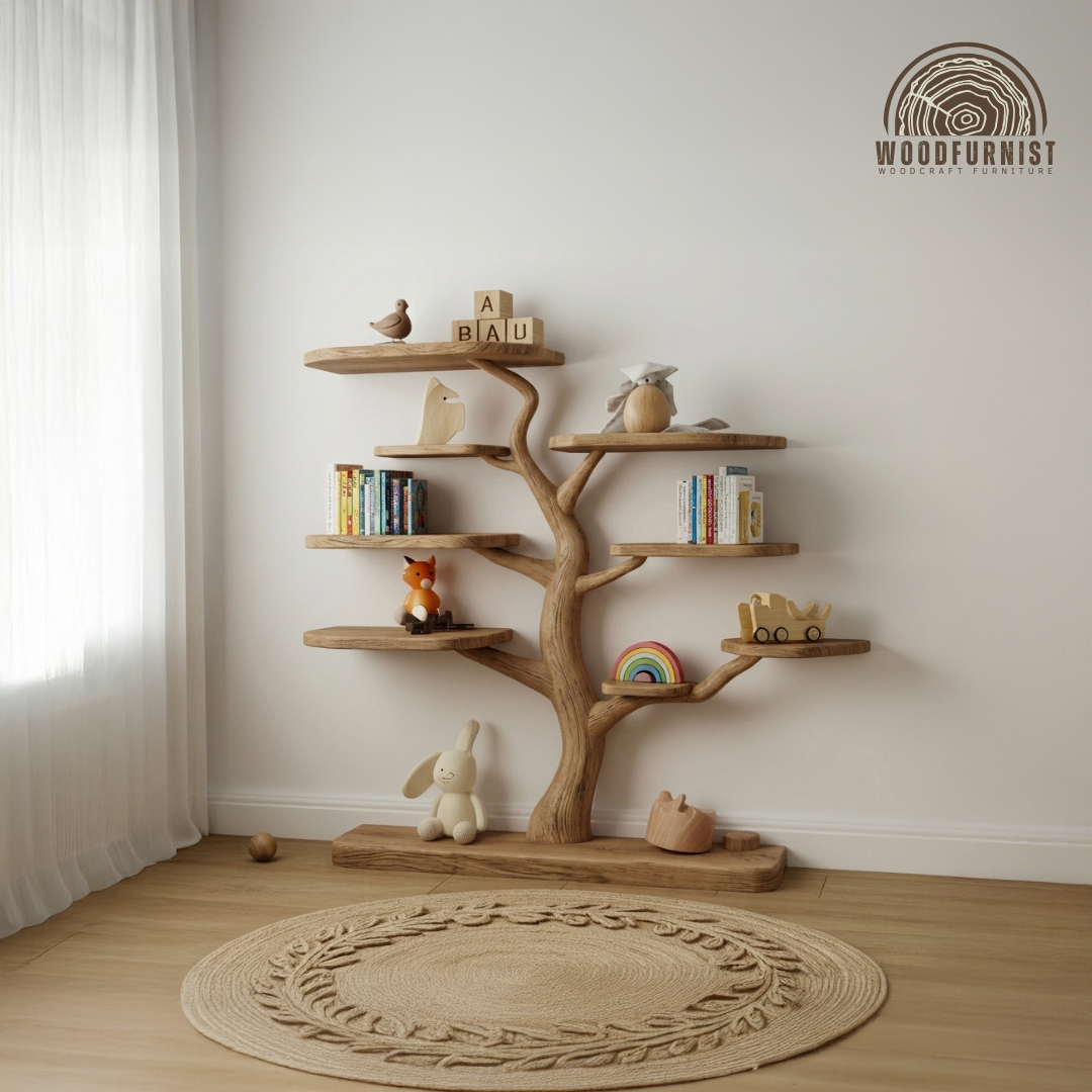 Kids Tree Live Edge Solid Wood Corner Shelf – Sculptural Children's Bookshelf