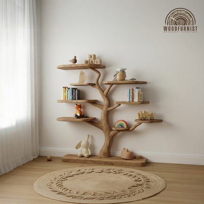 Kids Tree Live Edge Solid Wood Corner Shelf – Sculptural Children's Bookshelf