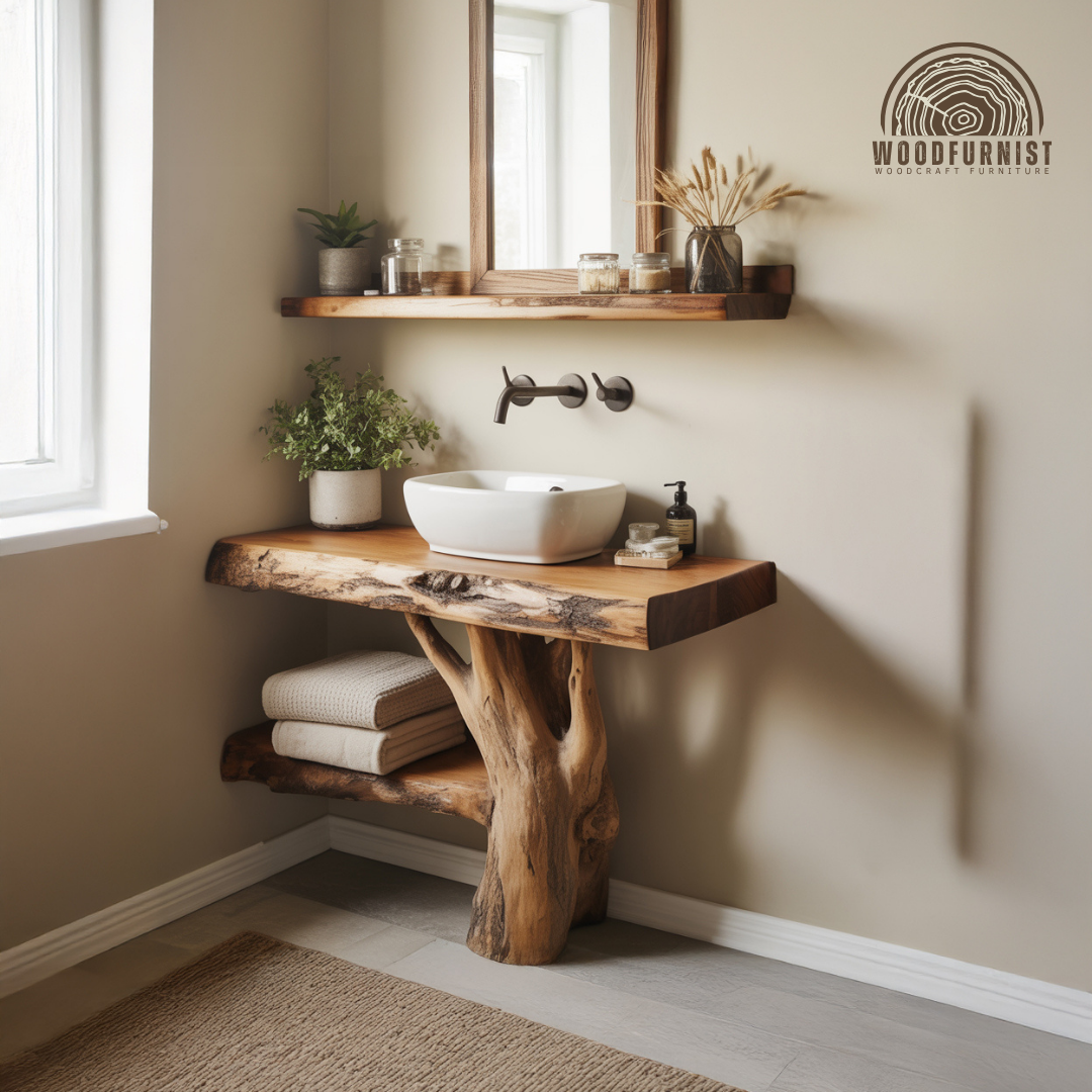 Handcrafted Live Edge Solid Wood Floating Bathroom Vanity- Sculptural Tree Root Console