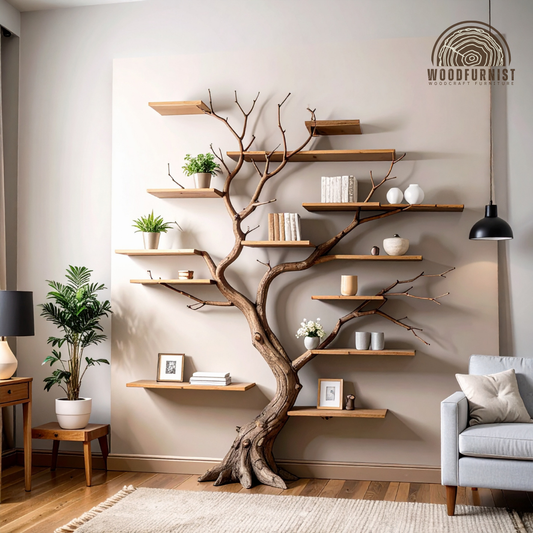 Tree Shaped Bookshelf – Live Edge Wooden Branch Shelf – Handcrafted Wall Art Furniture for Home & Office WFNED0109