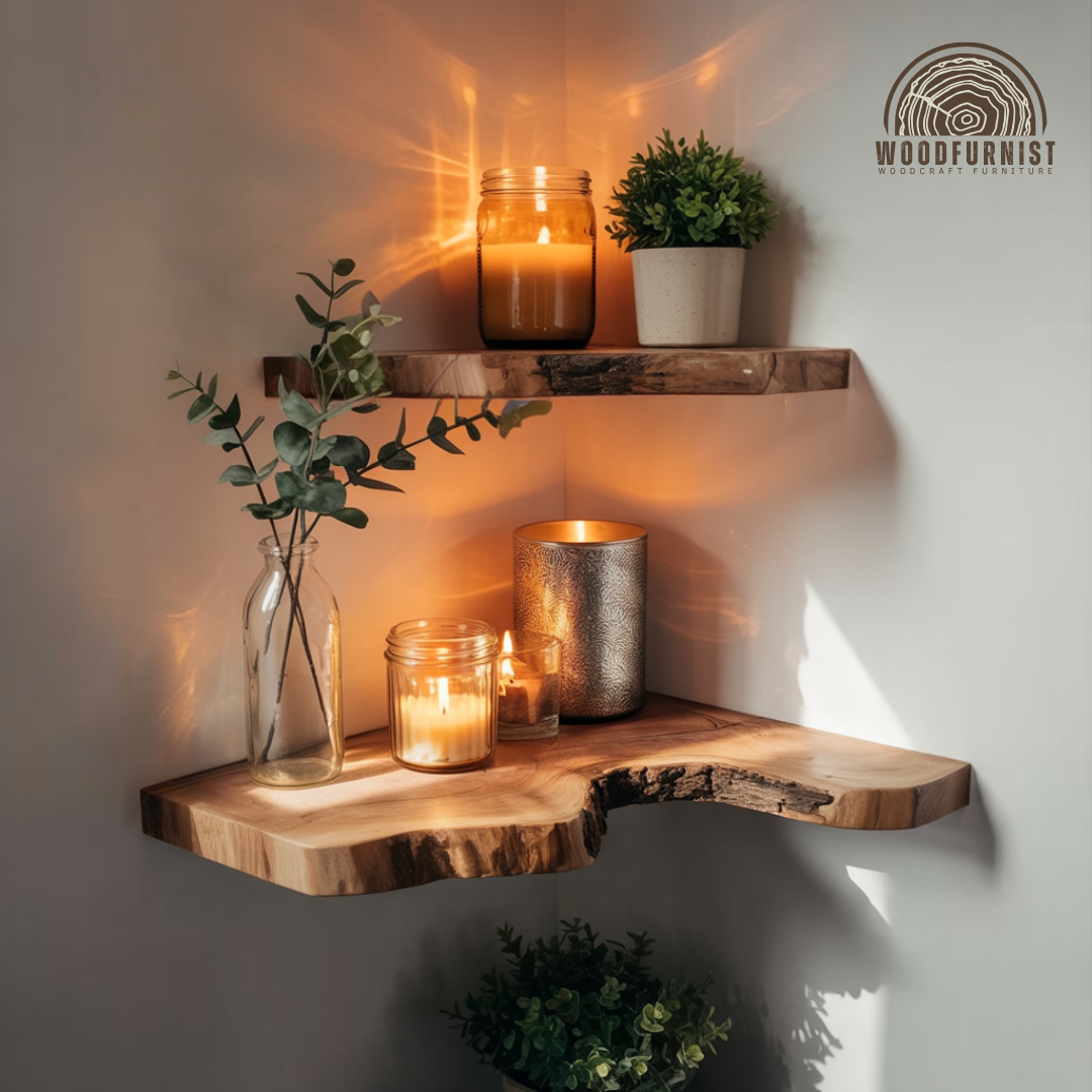 Rustic Live Edge Corner Floating Shelves – Handcrafted Solid Wood Wall Display WFNED0019