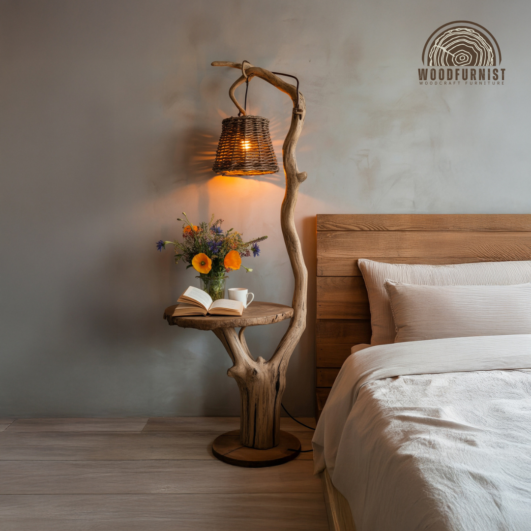 Rustic Solid Wood Floor Lamp Table – Sculptural Tree Lamp for Bedroom & Living Room
