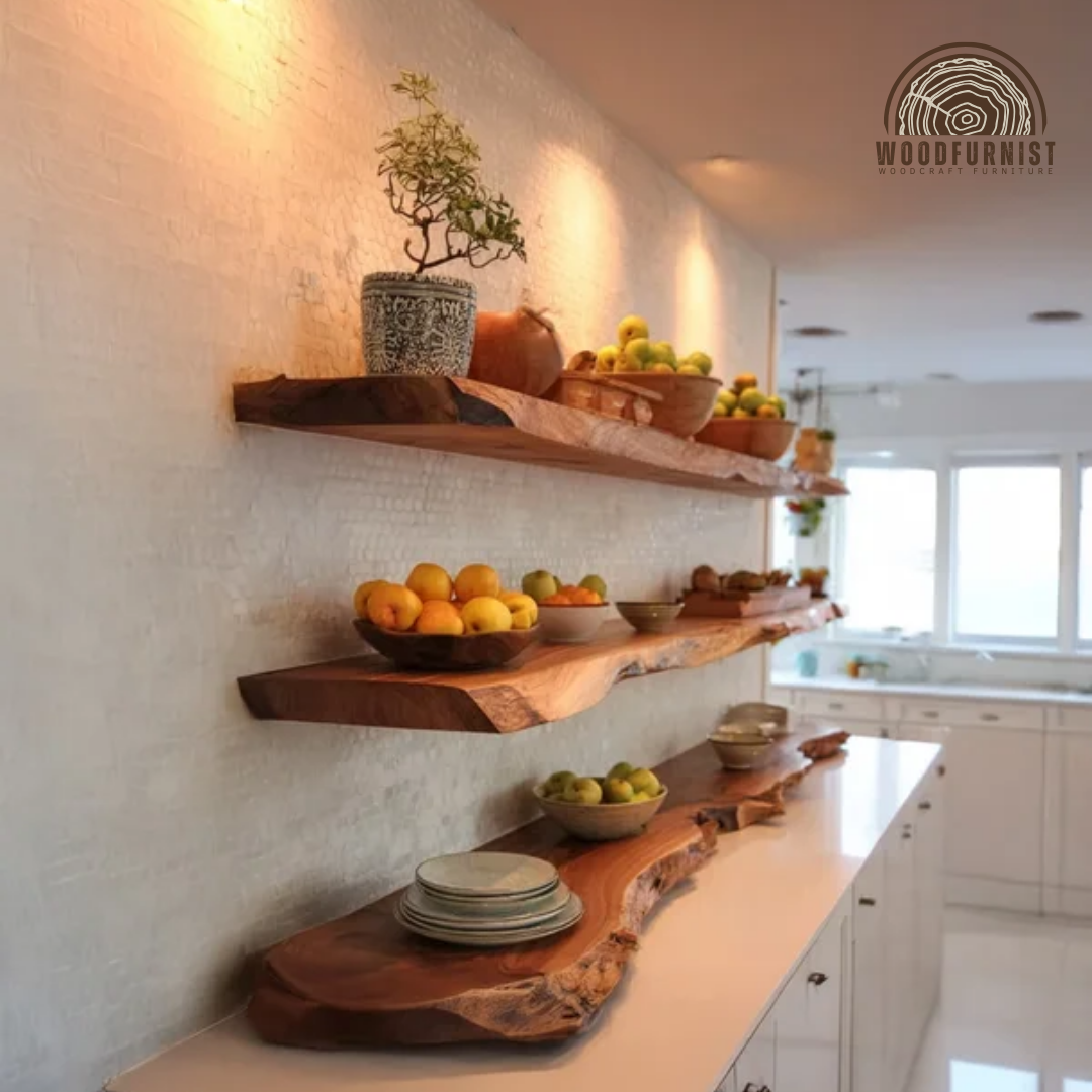 Live Edge Floating Wooden Shelf – Handmade Solid Wood Kitchen Wall Shelf WFNED0177