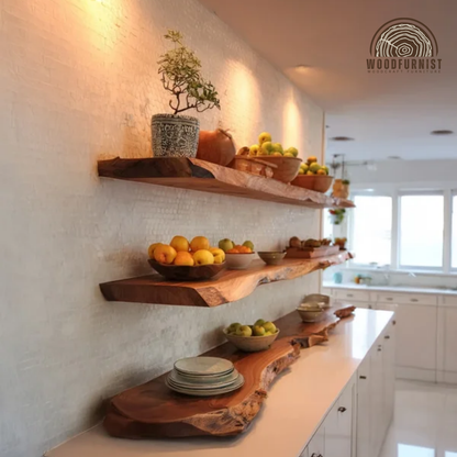 Live Edge Floating Wooden Shelf – Handmade Solid Wood Kitchen Wall Shelf WFNED0177