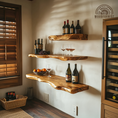 Live Edge Floating Wooden Shelf – Handmade Solid Wood Wall Shelf for Kitchen, Wine & Home Decor | Woodfurnist WFNED0122