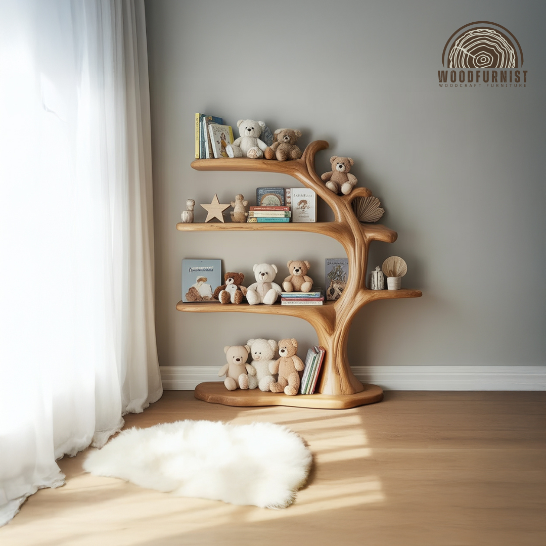 Solid Wood Tree Bookshelf – Minimalist Kids Display with Natural Warmth