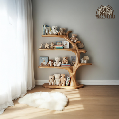 Solid Wood Tree Bookshelf – Minimalist Kids Display with Natural Warmth
