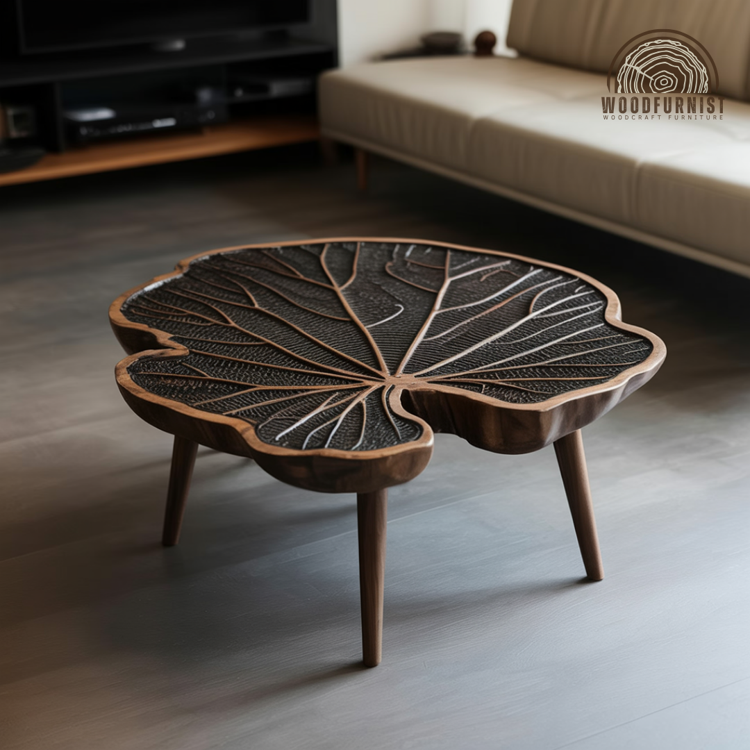 Wood Leaf Coffee Table – Unique Nature Inspired Center Table, Rustic Modern Home DecorWFNED0068