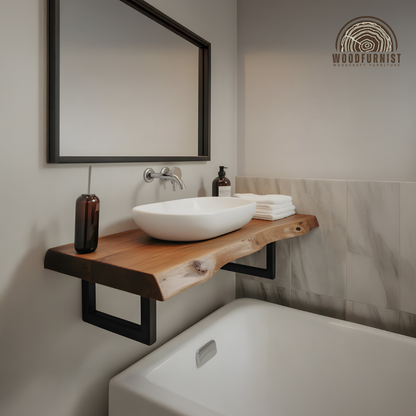 Live Edge Bathroom Vanity with Metal Brackets – Solid Wood Floating Sink Counter WFNVA0014