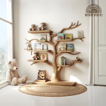 Solid Wood Tree Bookshelf – Sculptural Kids Room Wall Shelf for Nursery Decor