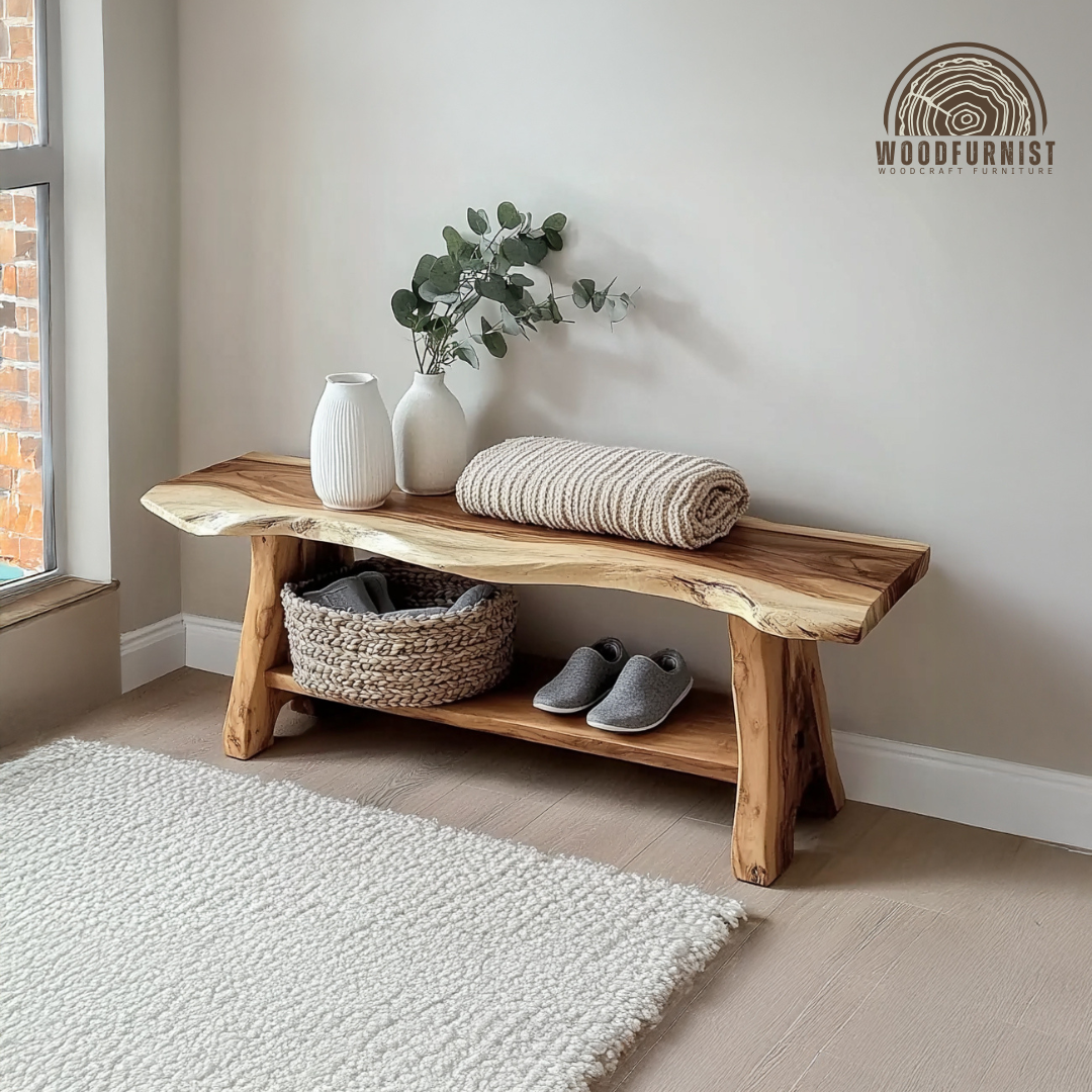 Live Edge Solid Wood Bench – Minimalist Natural Seating with Functional Storage