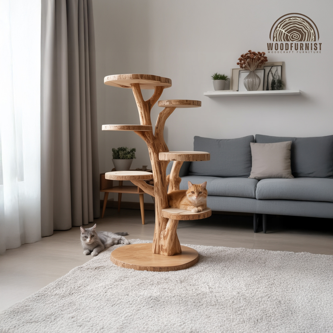 Solid Wood Cat Tree – Sculptural Climbing Tower with Natural Comfort