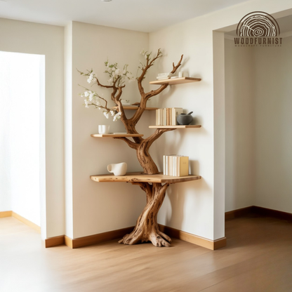 Sculptural Tree Live Edge Solid Wood Corner Shelf – Organic Modern Corner Bookshelf