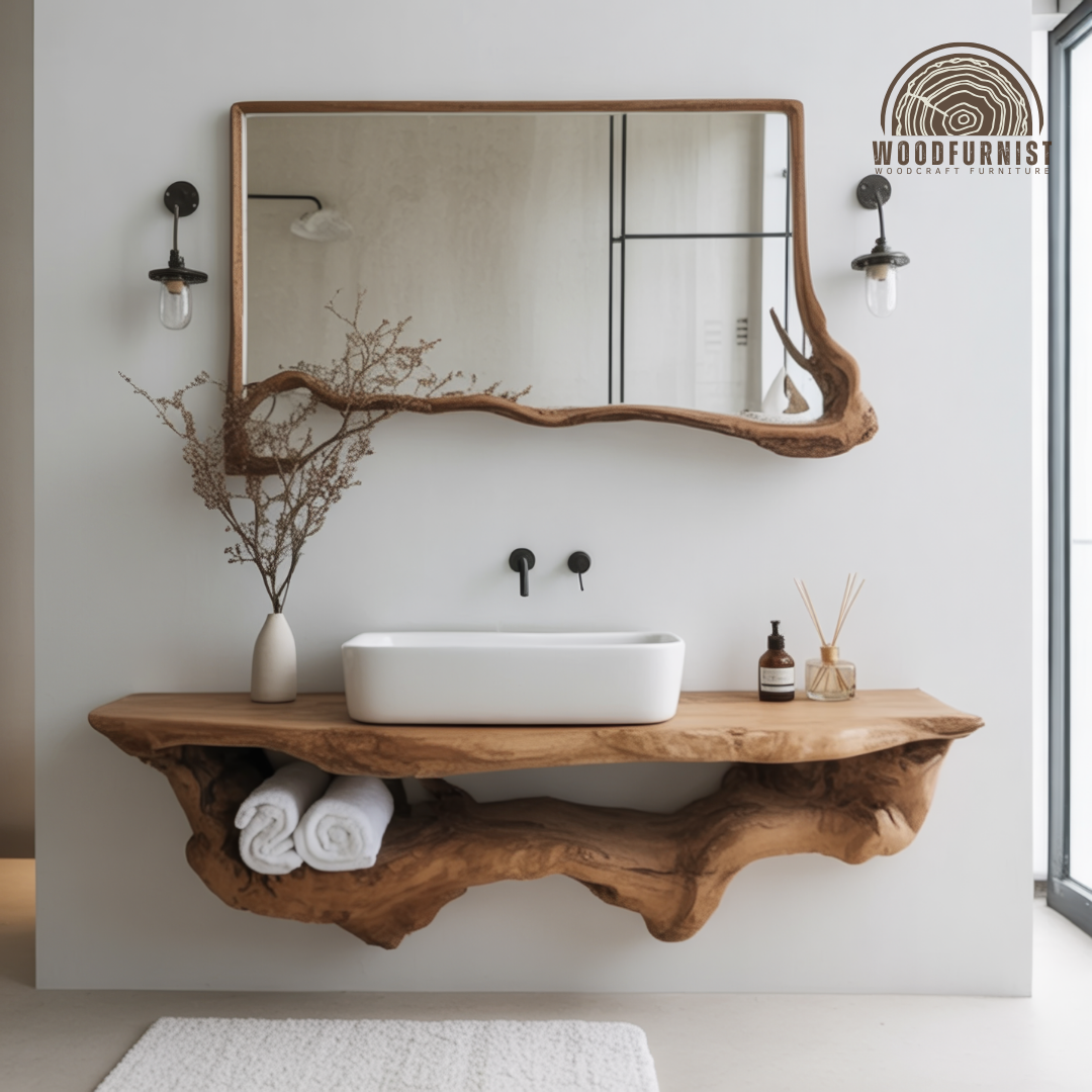 Live Edge Bathroom Vanity with Shelf – Solid Wood Floating Sink Counter with Storage WFNVA0001