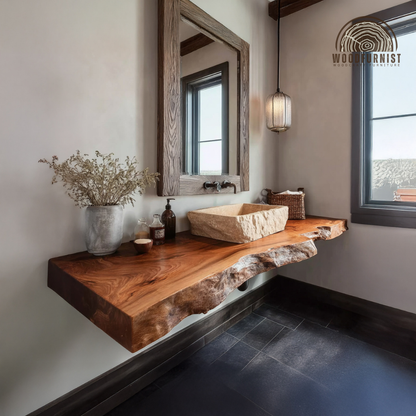 Live Edge Bathroom Vanity – Solid Wood Floating Sink Counter for Rustic Bathroom WFNVA0013