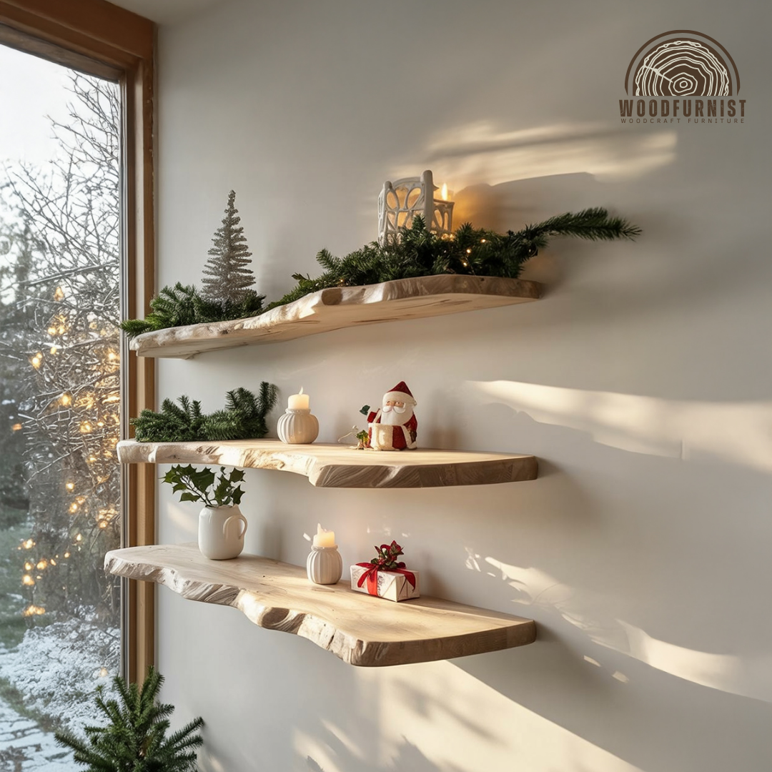 Rustic Floating Wood Shelf – Natural Live Edge Wall Mounted Shelf for Christmas & Everyday Decor WFNED0176