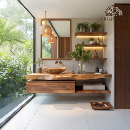 Floating Bathroom Vanity with Storage – Solid Wood Wall Mounted Vanity with Drawer & Shelf