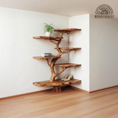 Corner Tree Live Edge Solid Wood Shelf – Sculptural Tree Bookshelf