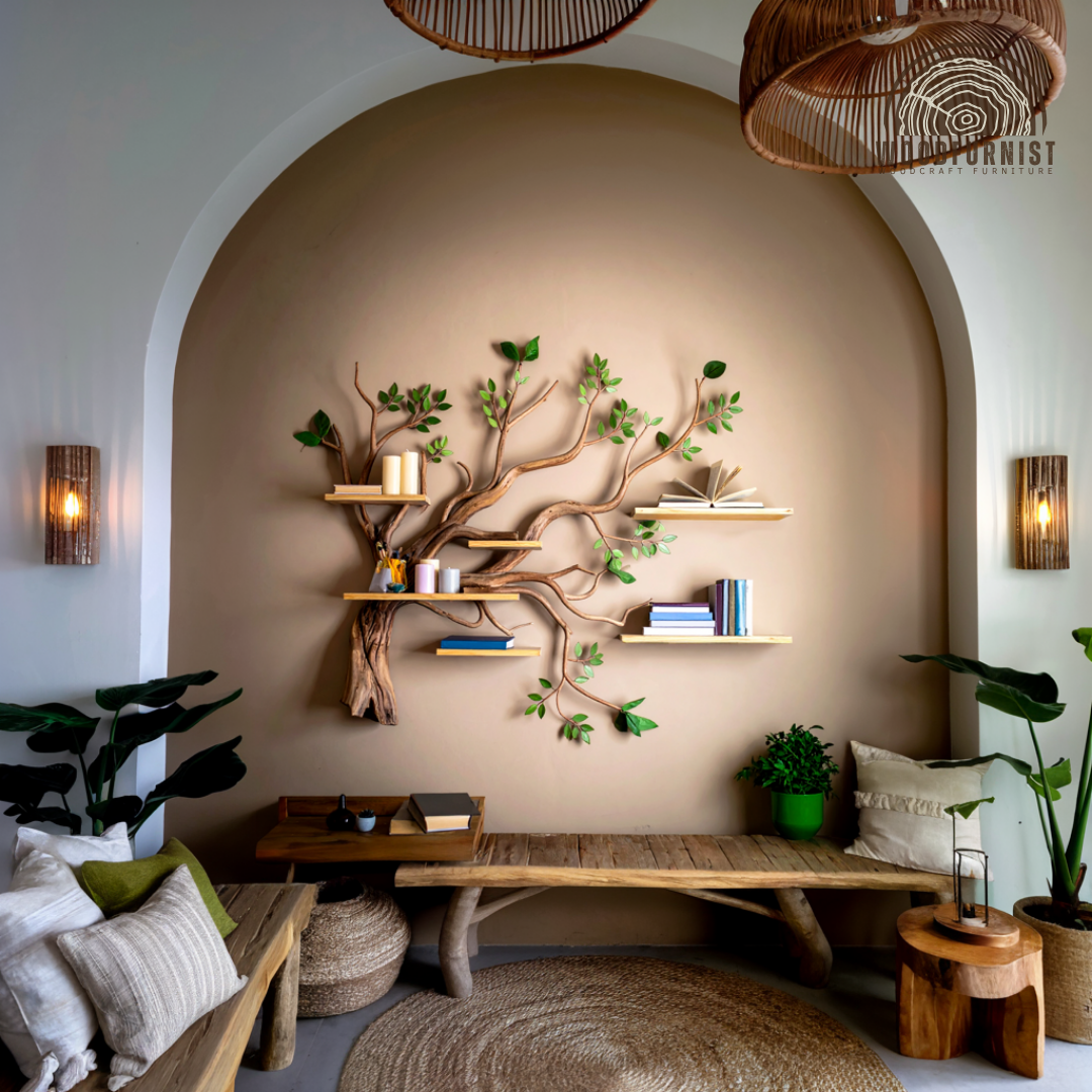 Tree Shaped Wall Bookshelf – Handmade Wooden Branch Shelf with Green Leaves – Rustic Modern Decor WFNED0111