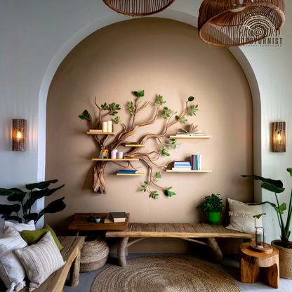 Tree Shaped Wall Bookshelf – Handmade Wooden Branch Shelf with Green Leaves – Rustic Modern Decor WFNED0111