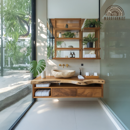 Modern Floating Bathroom Vanity – Solid Wood Vanity with Drawers & Open Shelving