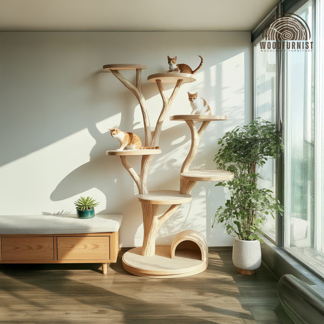 Natural Tree-Shaped Solid Wood Cat Tree – Elegant Cat Furniture