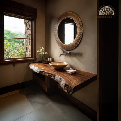 Solid Wood Floating Bathroom Vanity – Handmade Live Edge Vanity for Modern Bathroom