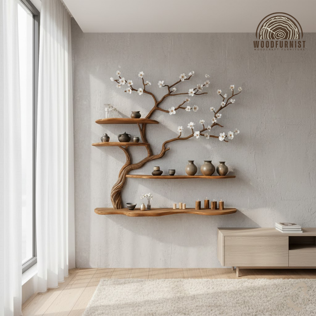 Blossom Tree Wall Shelf with Floral Branches – Handcrafted Wooden Shelf Art WFNVA0197