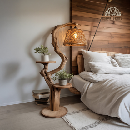 Solid Wood Floor Lamp with Shelves – Sculptural Lighting & Functional Display