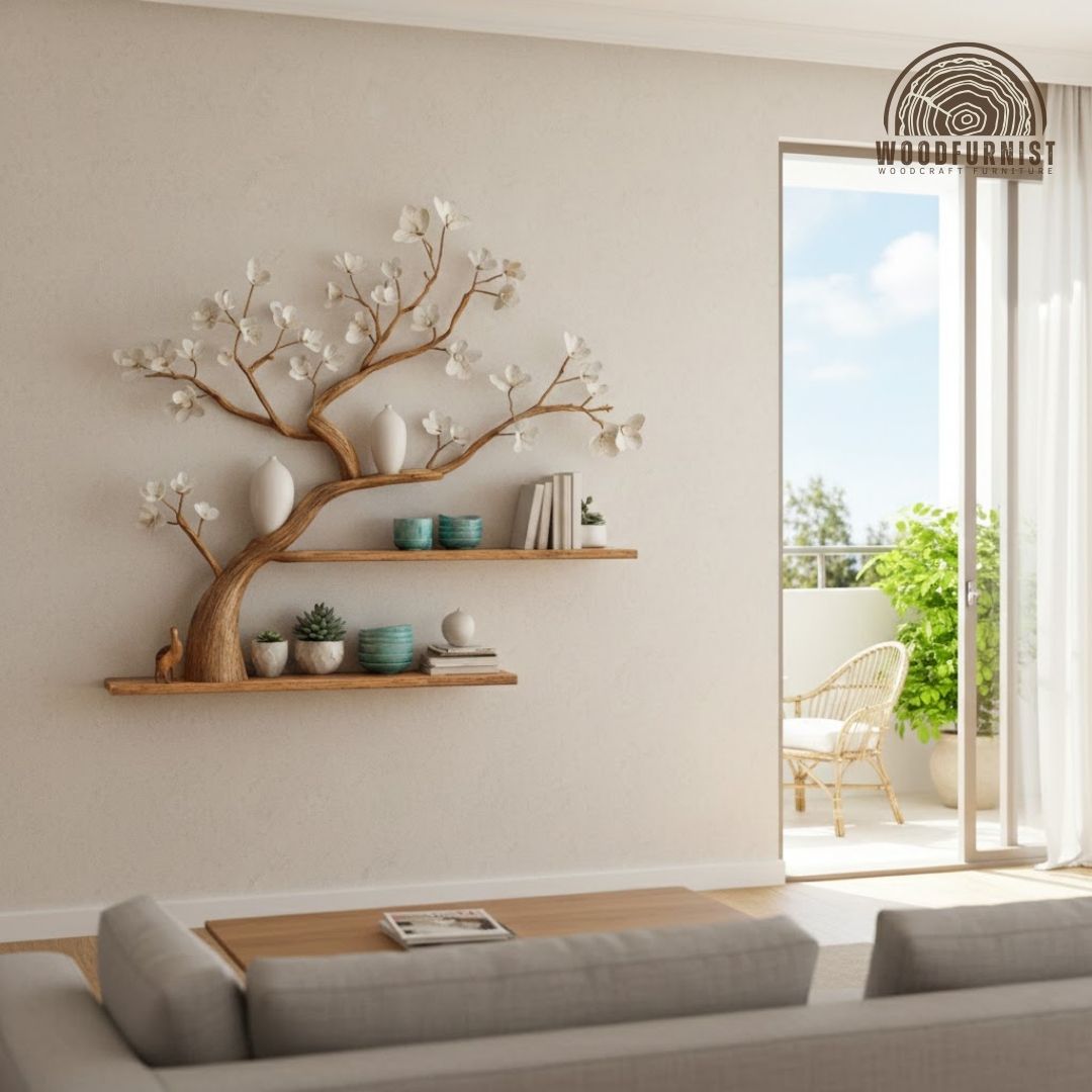 Handcrafted Blossom Tree Wall Shelf – Artistic Wooden Tree Shelf for Modern Living Room Decor WFNVA0196