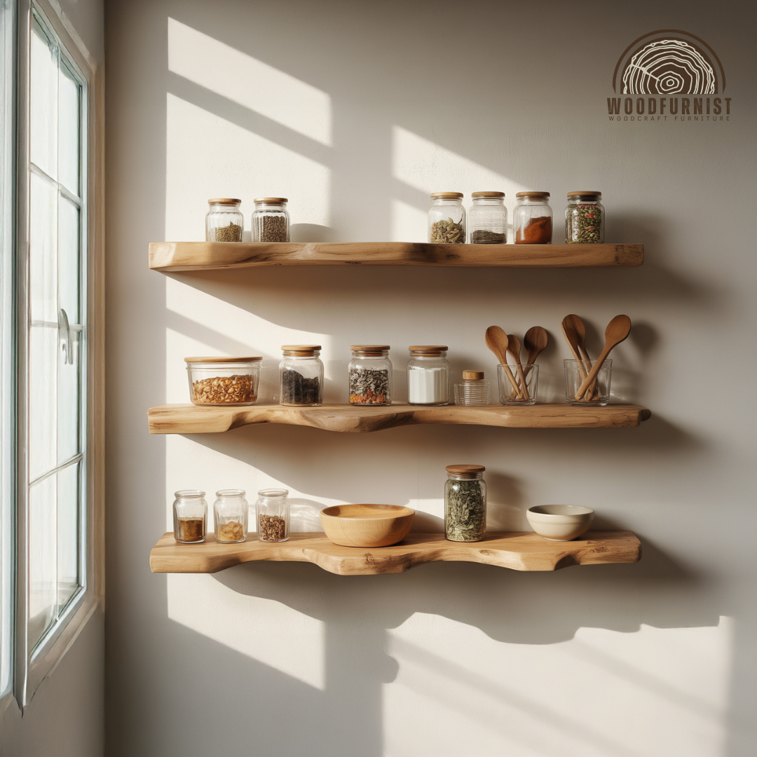 Handcrafted Solid Wood Floating Shelves Sculptural Organic Wall Shelving For Kitchen Living Room Minimalist Spaces