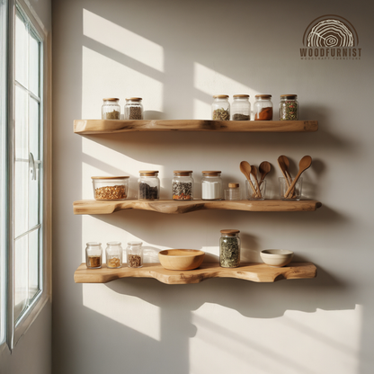 Handcrafted Solid Wood Floating Shelves Sculptural Organic Wall Shelving For Kitchen Living Room Minimalist Spaces