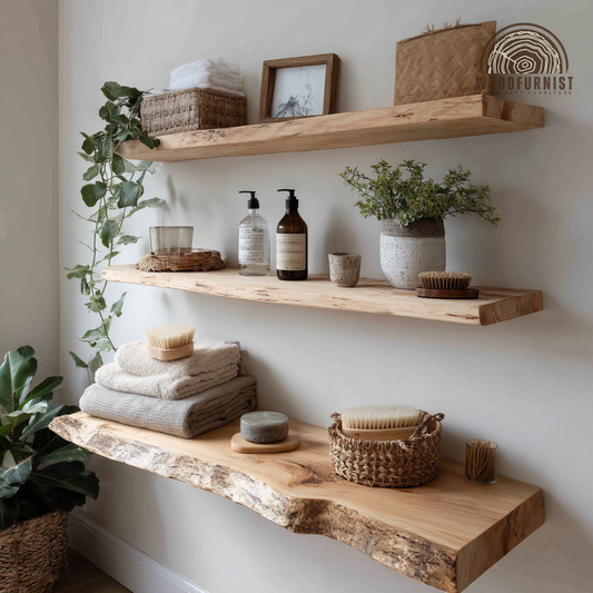 Rustic Solid Wood Floating Shelves – Live Edge Oak Wall Shelf – Minimalist Natural Home Storage & Decor
