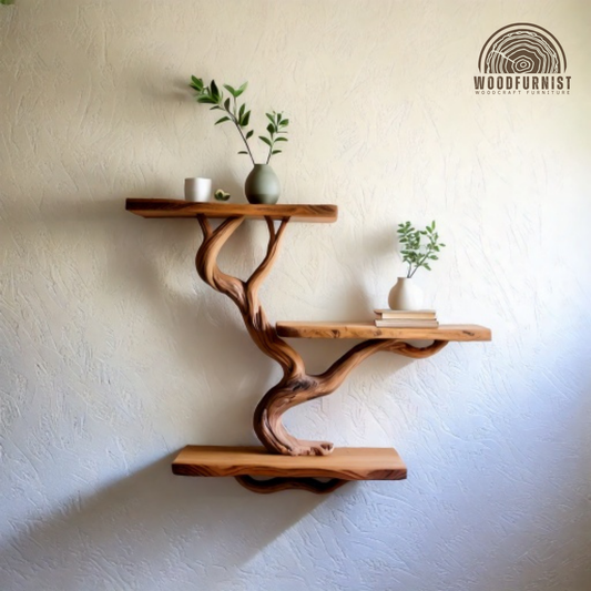 Driftwood Tree Bookshelf – Natural Branch Wall Shelf, Live Edge Wooden Display Shelf for Home Decor WFNED0036
