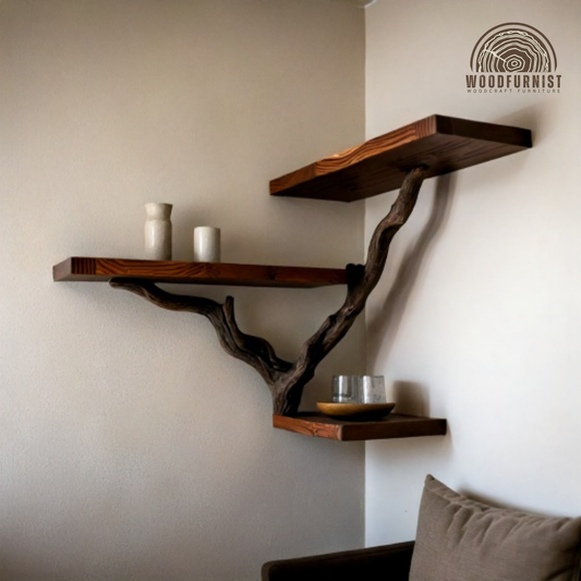 CORNER DRIFTWOOD BOOKSHELF – Handmade Solid Wood Wall Shelf – Rustic Natural Home Decor by Woodfurnist WFNED0126