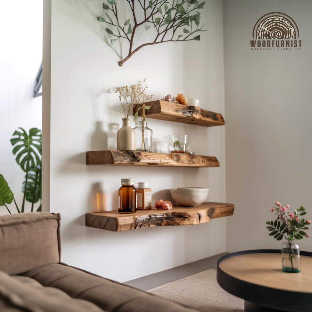 Rustic Live Edge Floating Shelves – Handmade Solid Wood Wall Shelf – Natural Home Decor WFNED0107