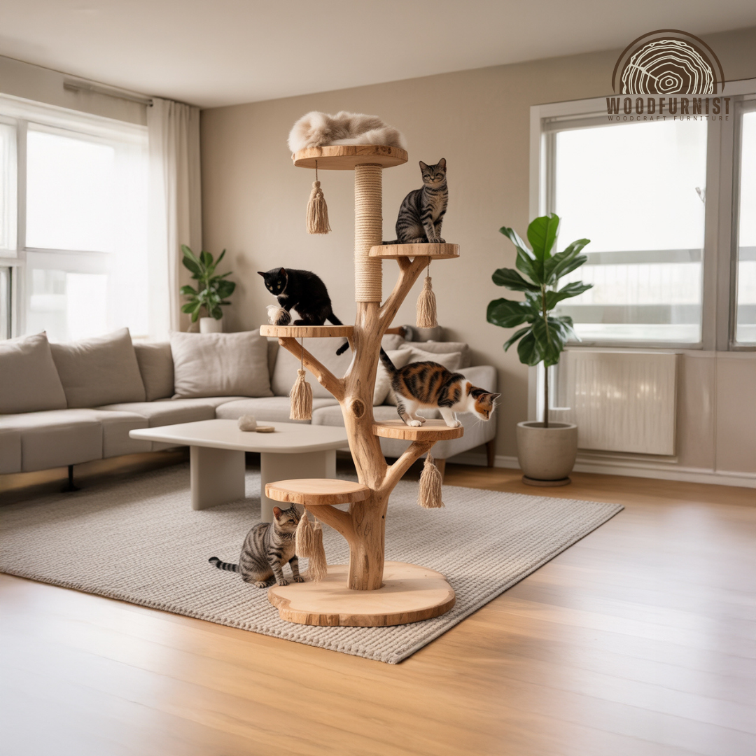 Handmade Wooden Cat Tree Modern Large Climbing Tree Unique
