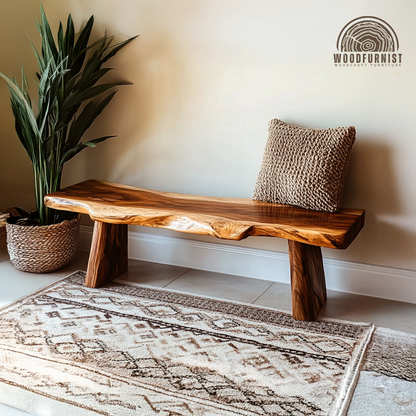 Live Edge Solid Wood Bench - Handcrafted Natural Wood Entryway Bench
