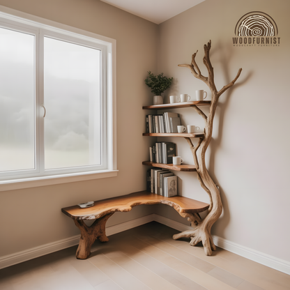 Tree Shelf Bench Combo – Wooden Kids Bookshelf with Seating for Cozy Corner