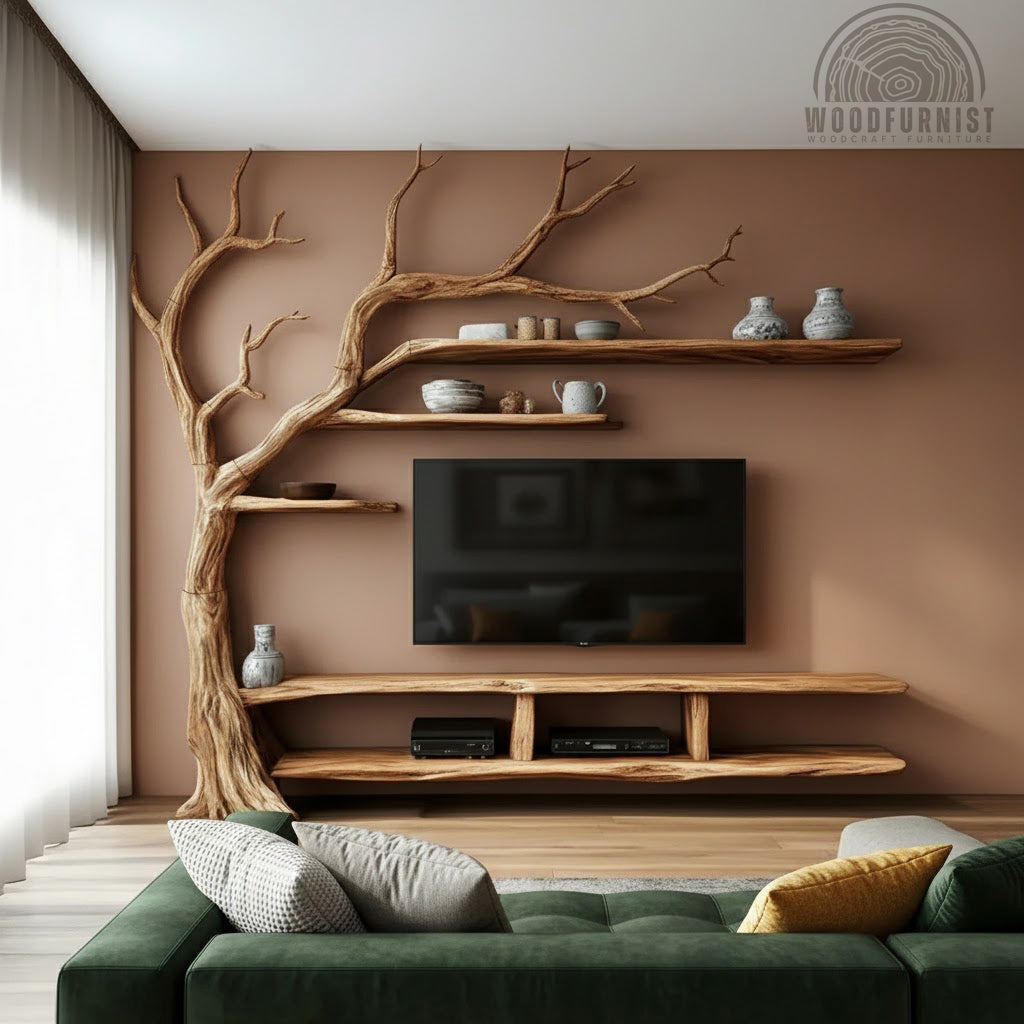 Handcrafted Tree Branch TV Wall Unit – Solid Wood Entertainment Shelf WFNVA2058