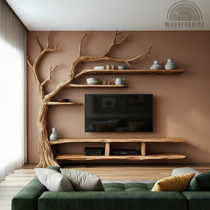 Handcrafted Tree Branch TV Wall Unit – Solid Wood Entertainment Shelf WFNVA2058