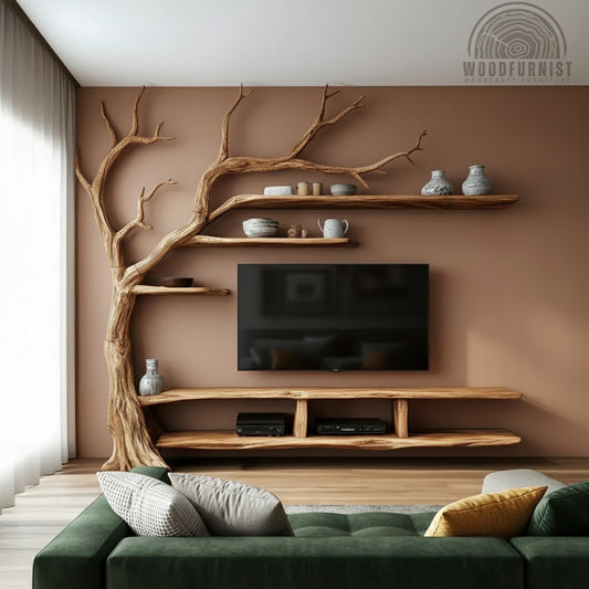 Handcrafted Tree Branch TV Wall Unit – Solid Wood Entertainment Shelf WFNVA2058