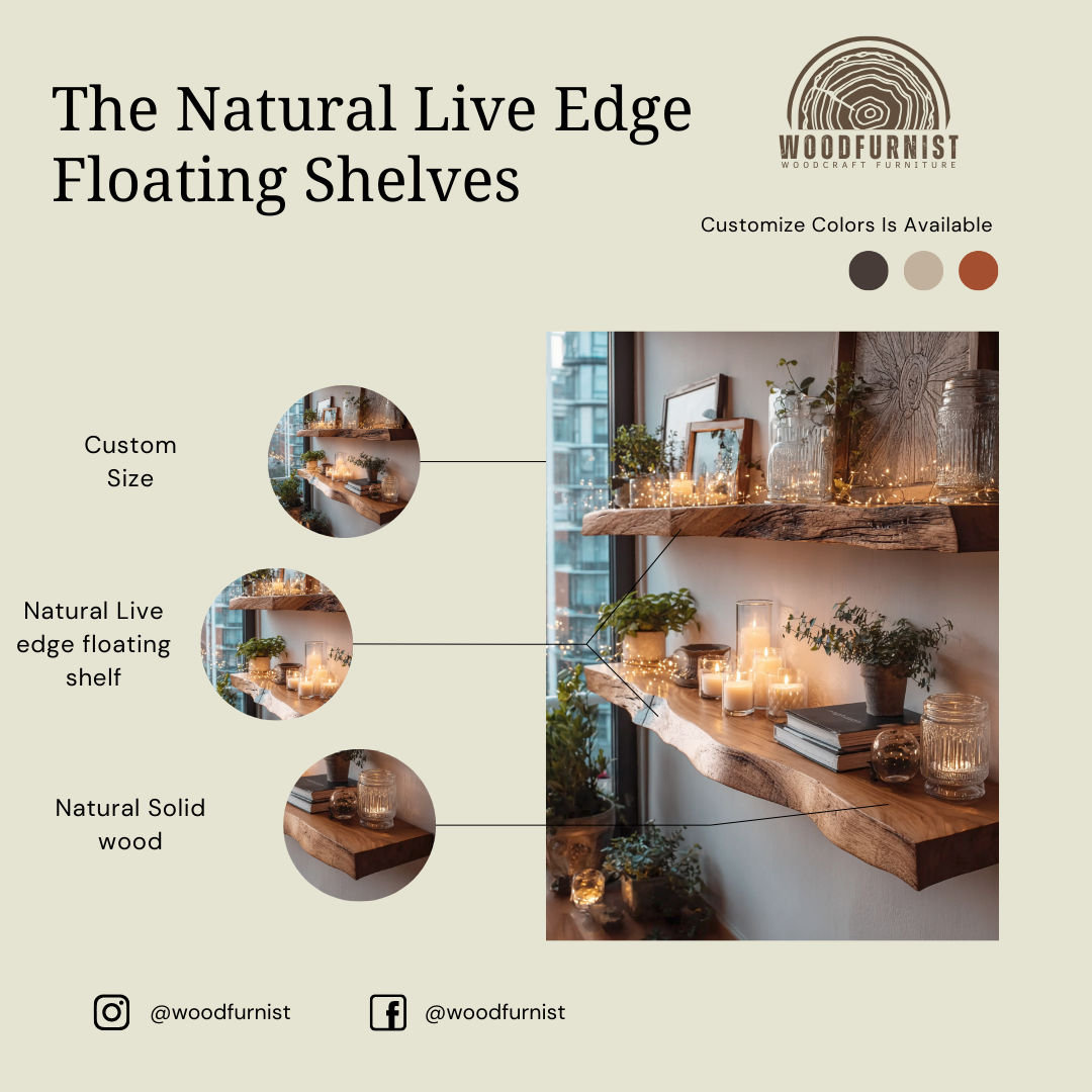 Live Edge Floating Wooden Shelf – Handmade Solid Wood Wall Shelf for Cozy Home Decor WFNED0175