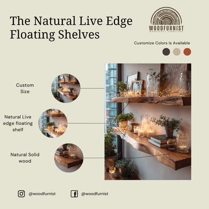 Live Edge Floating Wooden Shelf – Handmade Solid Wood Wall Shelf for Cozy Home Decor WFNED0175